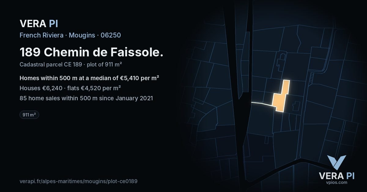 189 Chemin de Faissole, Mougins at night – the plot lit, the parcels around coloured by the prices near them