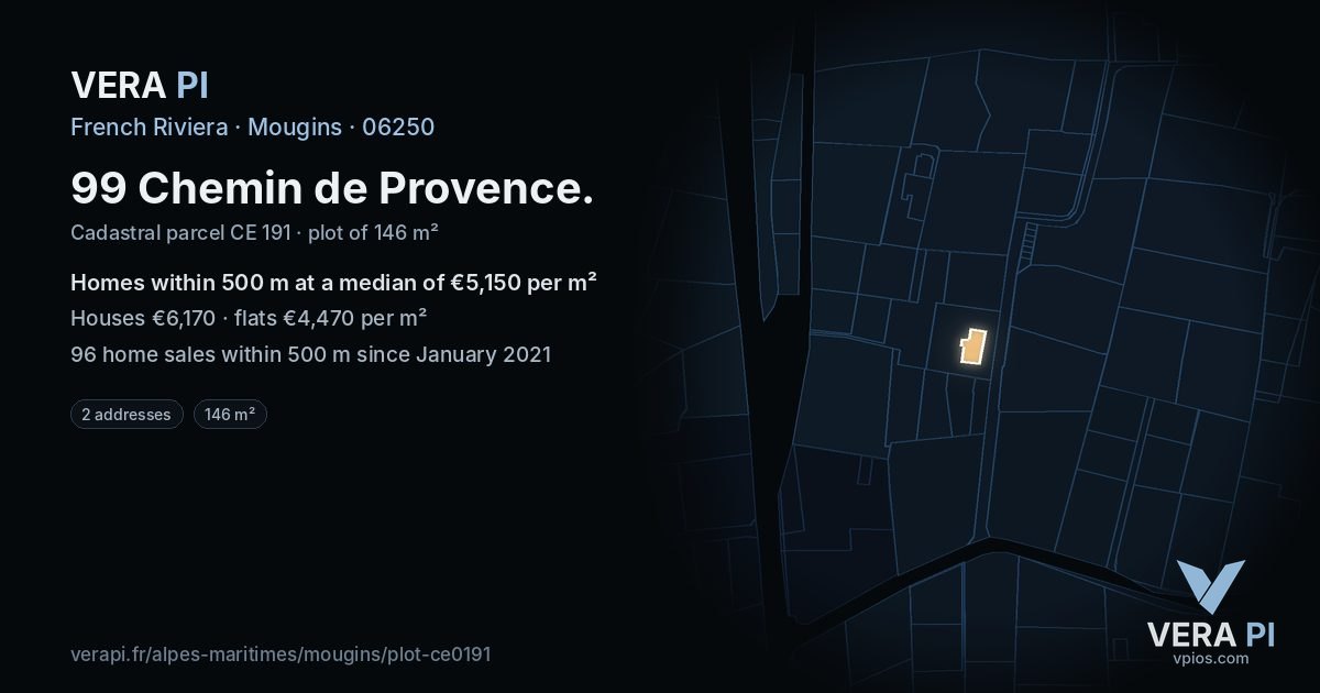 99 Chemin de Provence, Mougins at night – the plot lit, the parcels around coloured by the prices near them