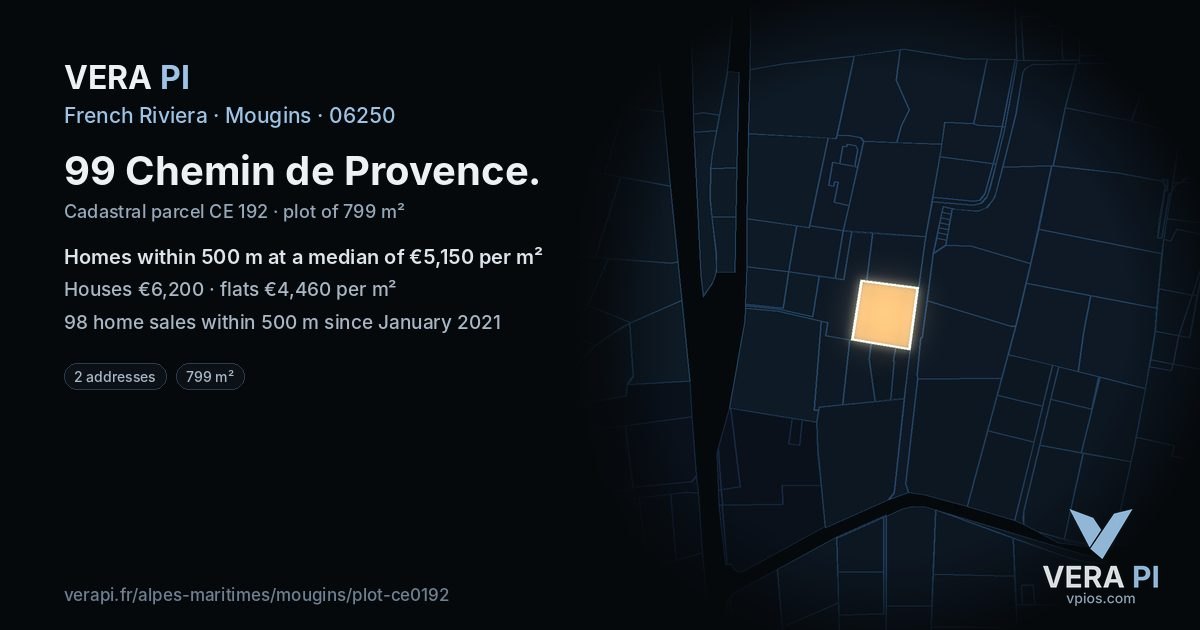 99 Chemin de Provence, Mougins at night – the plot lit, the parcels around coloured by the prices near them
