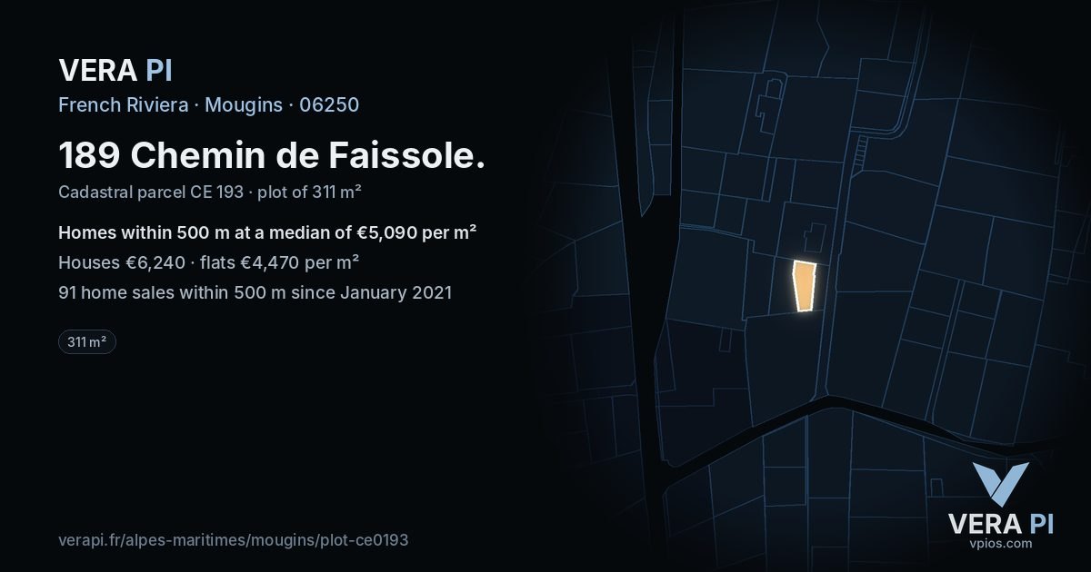 189 Chemin de Faissole, Mougins at night – the plot lit, the parcels around coloured by the prices near them
