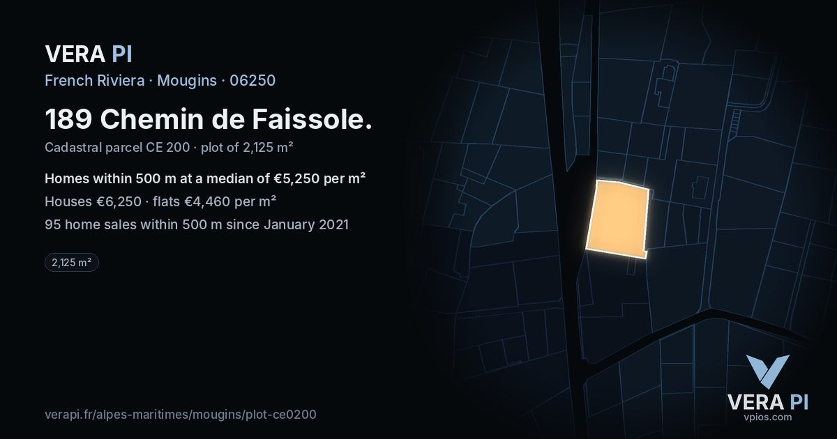 189 Chemin de Faissole, Mougins at night – the plot lit, the parcels around coloured by the prices near them