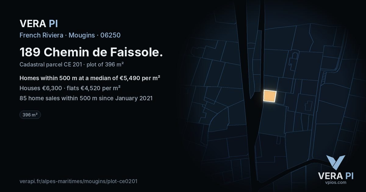 189 Chemin de Faissole, Mougins at night – the plot lit, the parcels around coloured by the prices near them