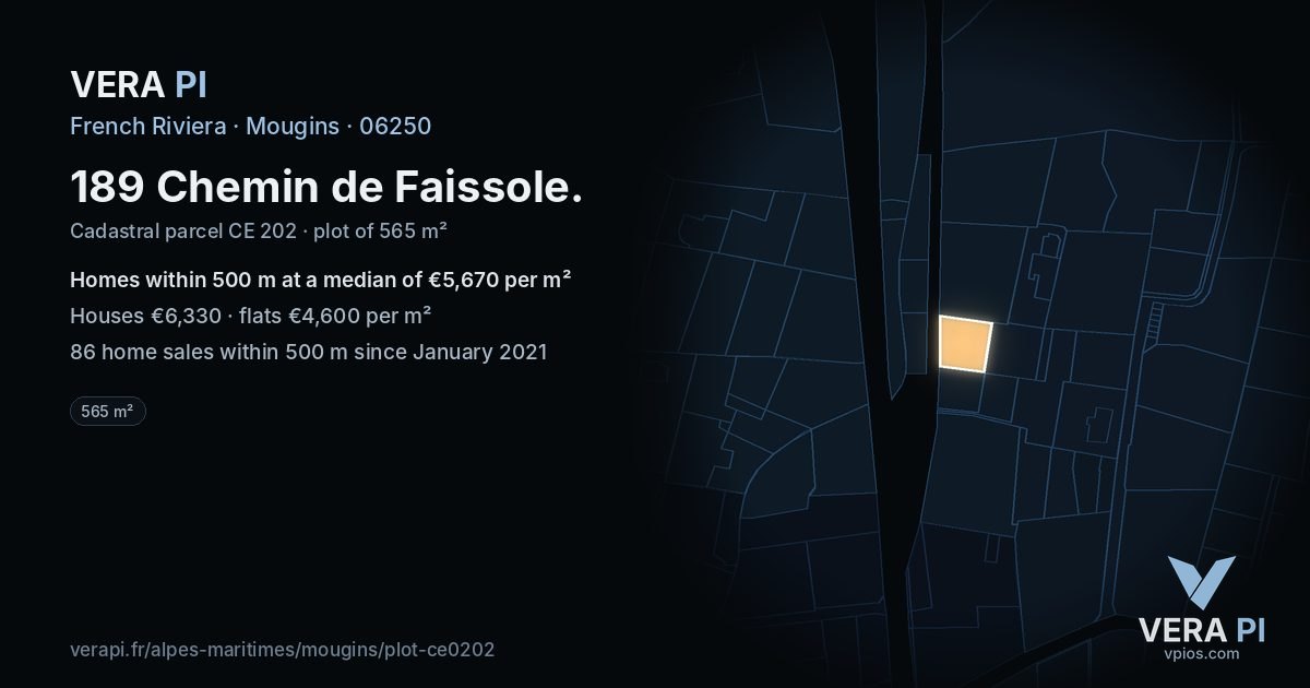 189 Chemin de Faissole, Mougins at night – the plot lit, the parcels around coloured by the prices near them