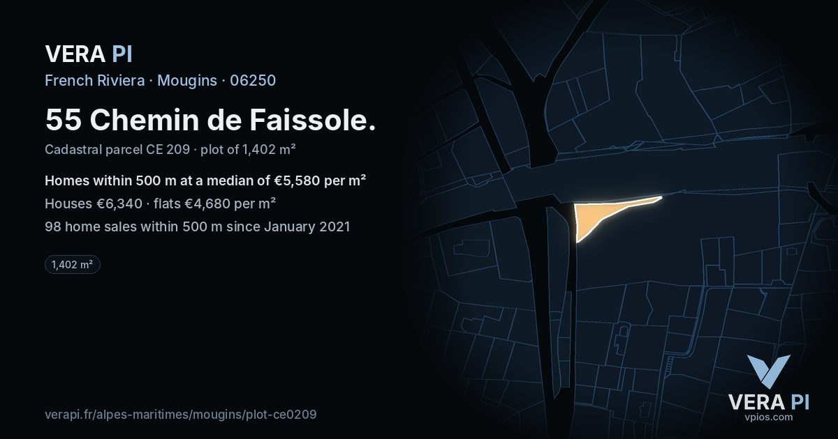 55 Chemin de Faissole, Mougins at night – the plot lit, the parcels around coloured by the prices near them
