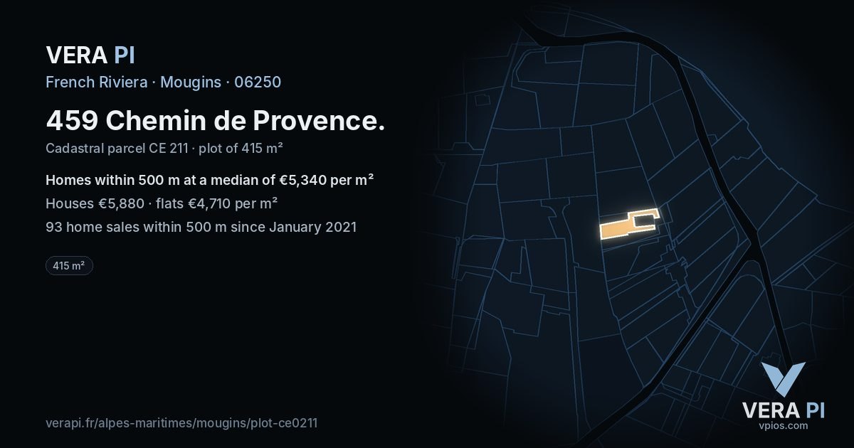 459 Chemin de Provence, Mougins at night – the plot lit, the parcels around coloured by the prices near them