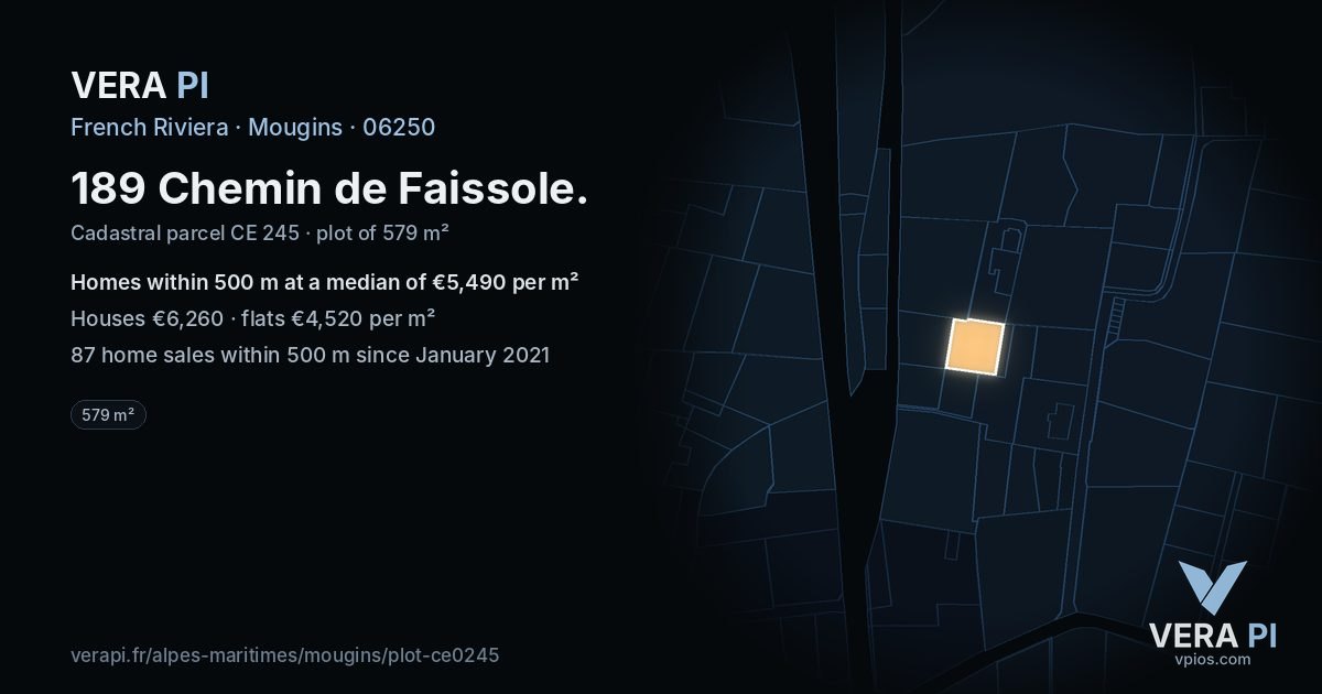 189 Chemin de Faissole, Mougins at night – the plot lit, the parcels around coloured by the prices near them