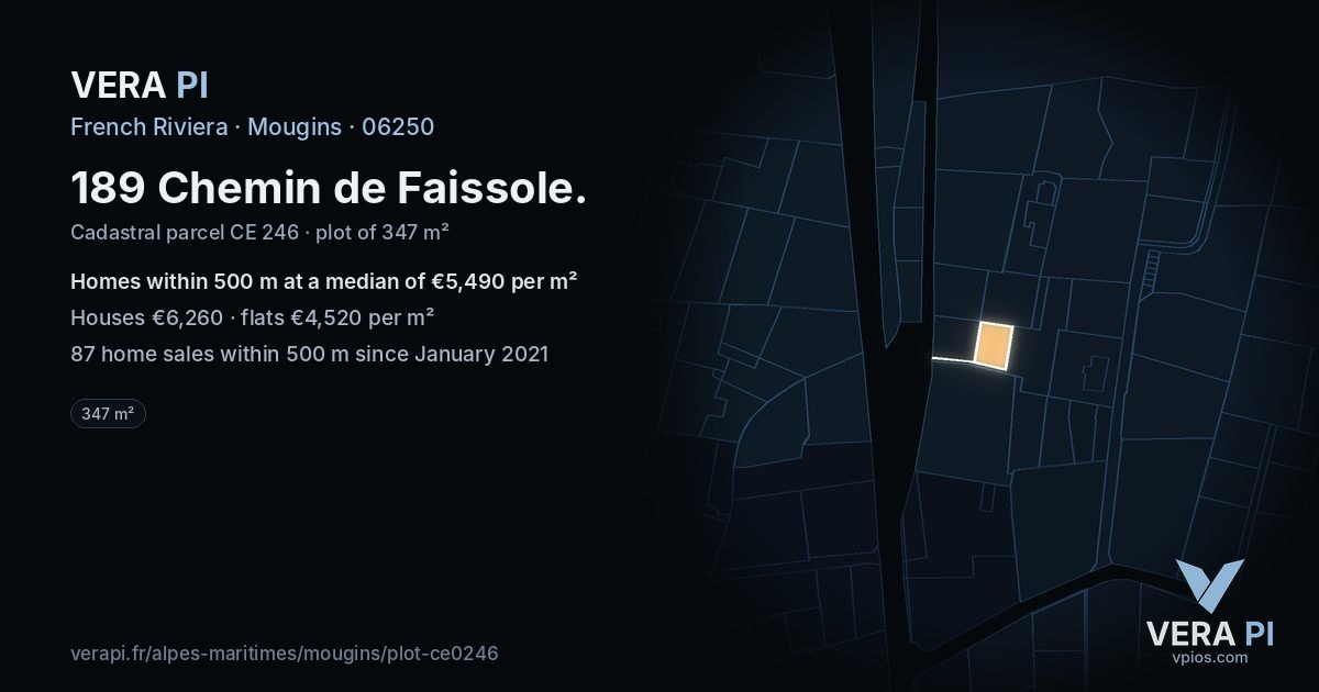 189 Chemin de Faissole, Mougins at night – the plot lit, the parcels around coloured by the prices near them