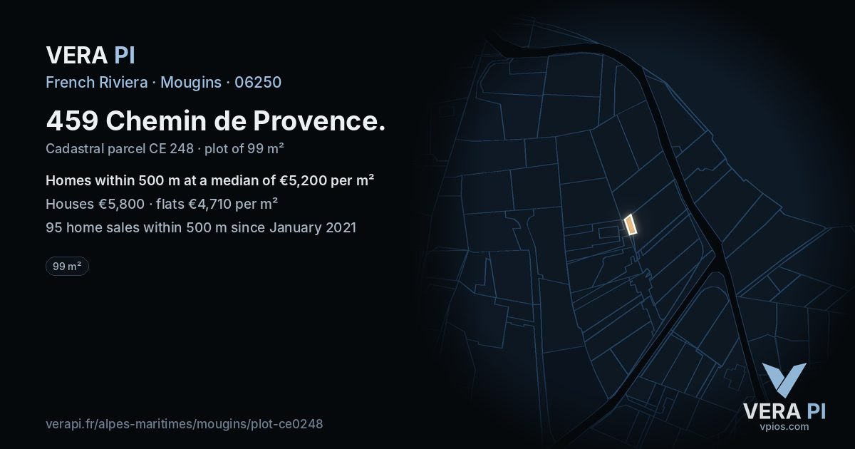 459 Chemin de Provence, Mougins at night – the plot lit, the parcels around coloured by the prices near them