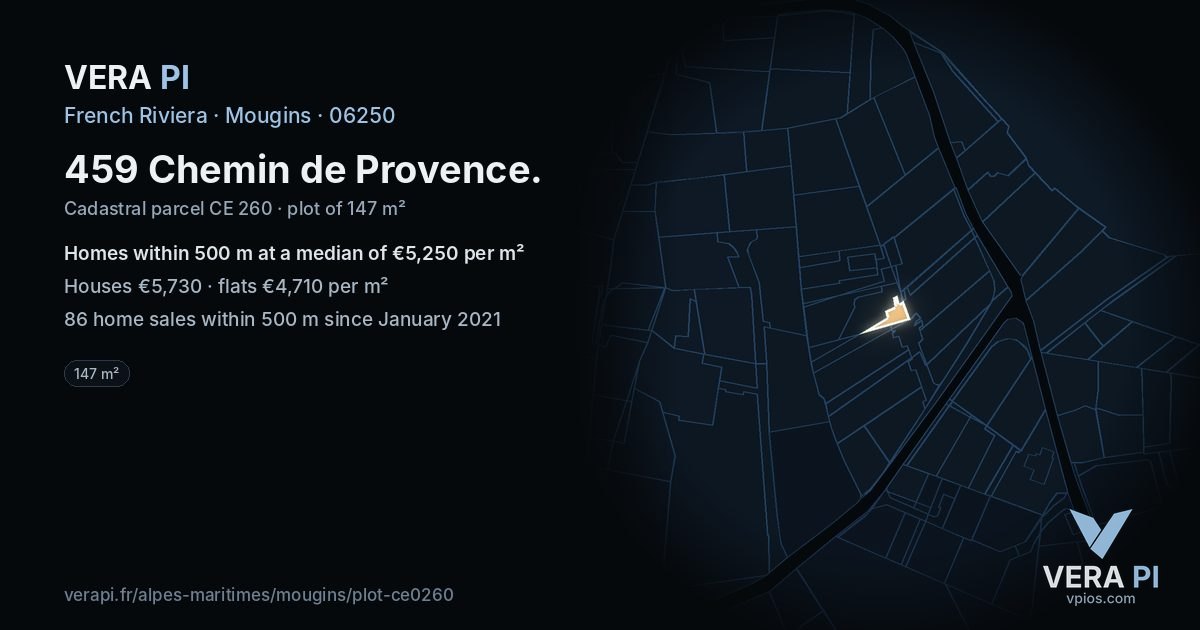 459 Chemin de Provence, Mougins at night – the plot lit, the parcels around coloured by the prices near them