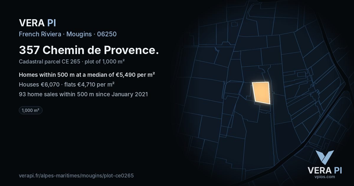357 Chemin de Provence, Mougins at night – the plot lit, the parcels around coloured by the prices near them