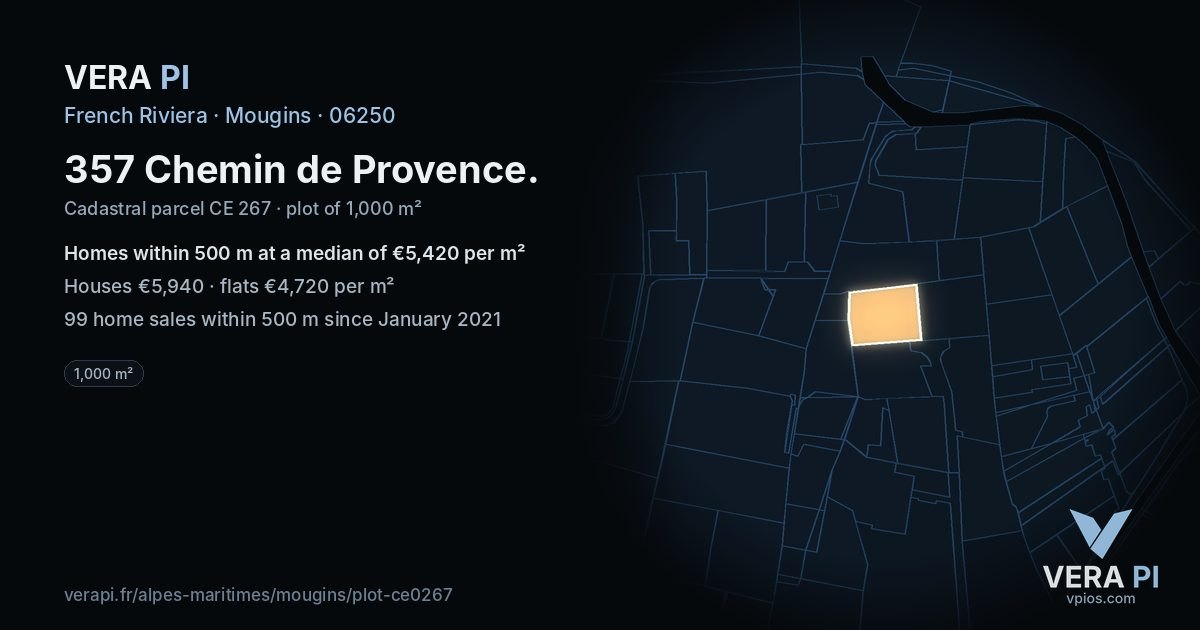357 Chemin de Provence, Mougins at night – the plot lit, the parcels around coloured by the prices near them