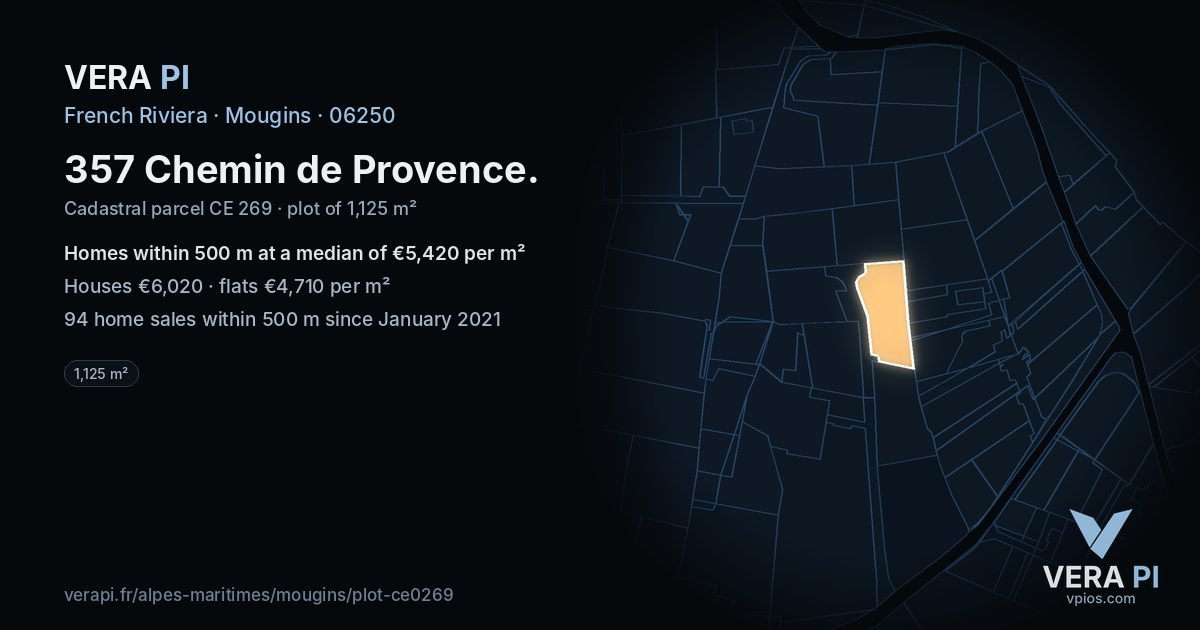 357 Chemin de Provence, Mougins at night – the plot lit, the parcels around coloured by the prices near them