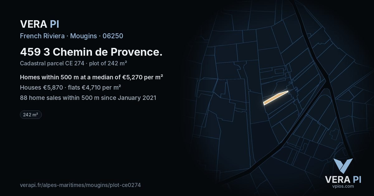 459 3 Chemin de Provence, Mougins at night – the plot lit, the parcels around coloured by the prices near them