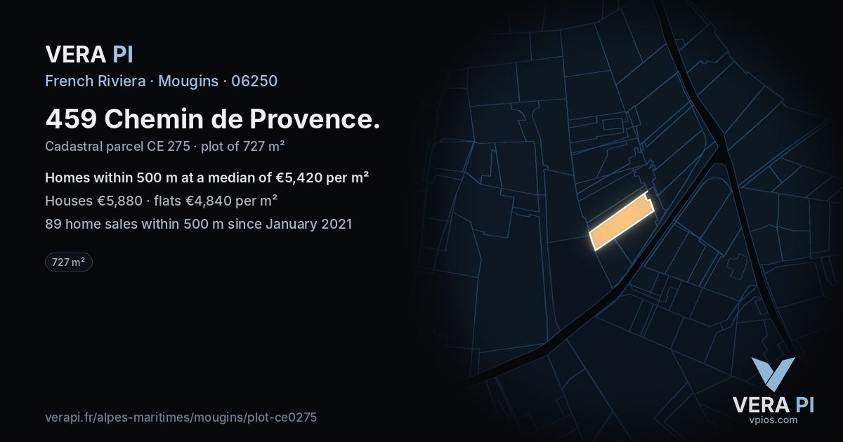 459 Chemin de Provence, Mougins at night – the plot lit, the parcels around coloured by the prices near them