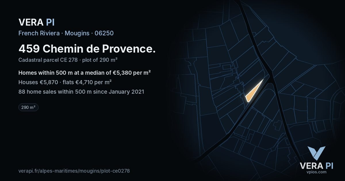459 Chemin de Provence, Mougins at night – the plot lit, the parcels around coloured by the prices near them