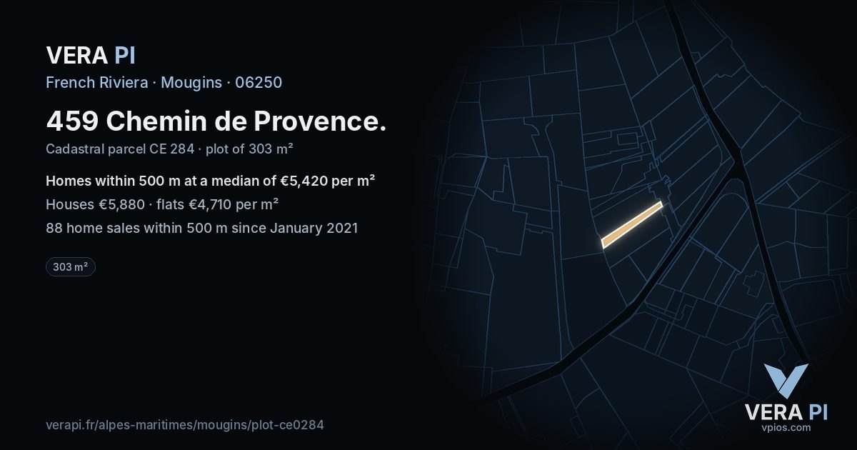 459 Chemin de Provence, Mougins at night – the plot lit, the parcels around coloured by the prices near them