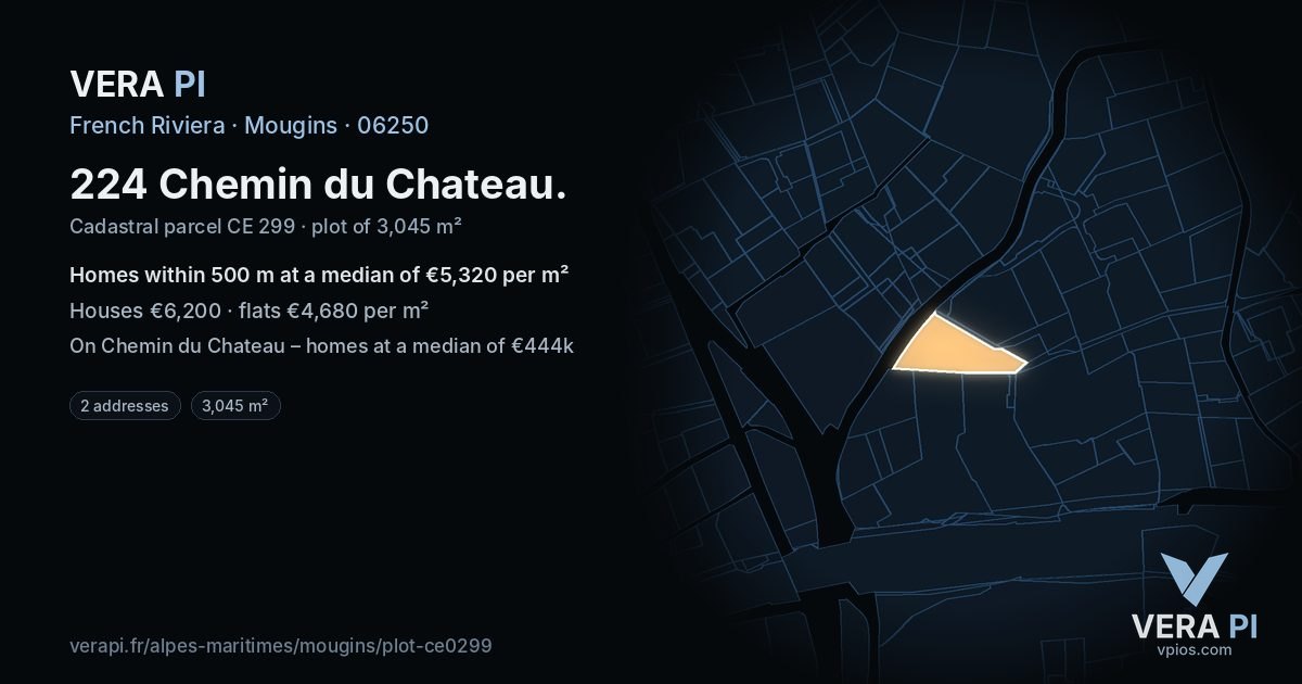 224 Chemin du Chateau, Mougins at night – the plot lit, the parcels around coloured by the prices near them