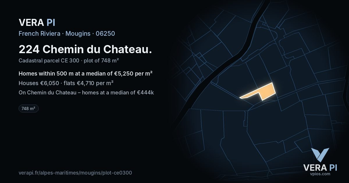 224 Chemin du Chateau, Mougins at night – the plot lit, the parcels around coloured by the prices near them