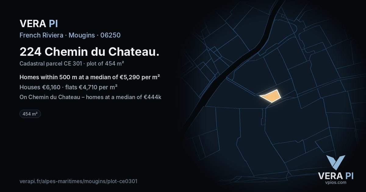 224 Chemin du Chateau, Mougins at night – the plot lit, the parcels around coloured by the prices near them