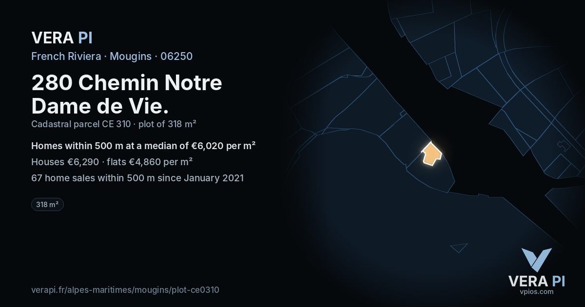 280 Chemin Notre Dame de Vie, Mougins at night – the plot lit, the parcels around coloured by the prices near them