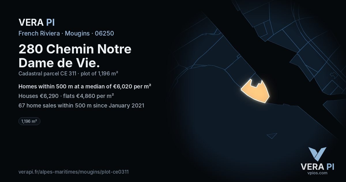 280 Chemin Notre Dame de Vie, Mougins at night – the plot lit, the parcels around coloured by the prices near them