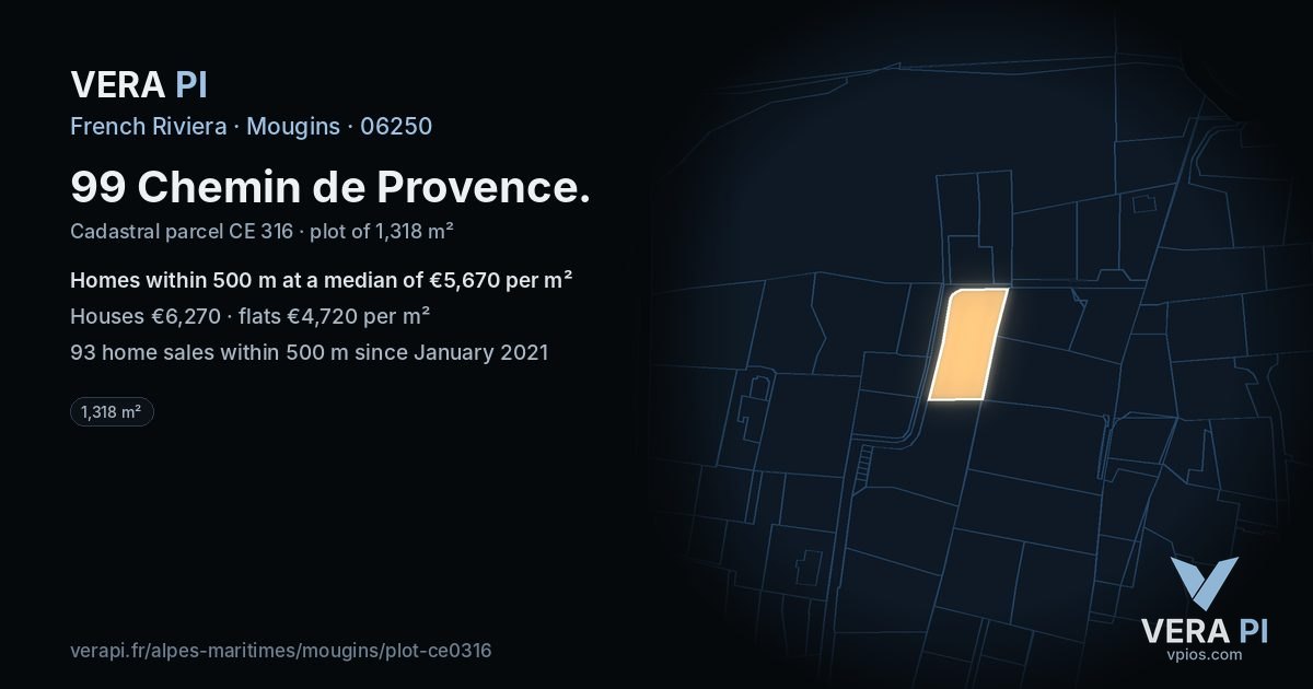 99 Chemin de Provence, Mougins at night – the plot lit, the parcels around coloured by the prices near them