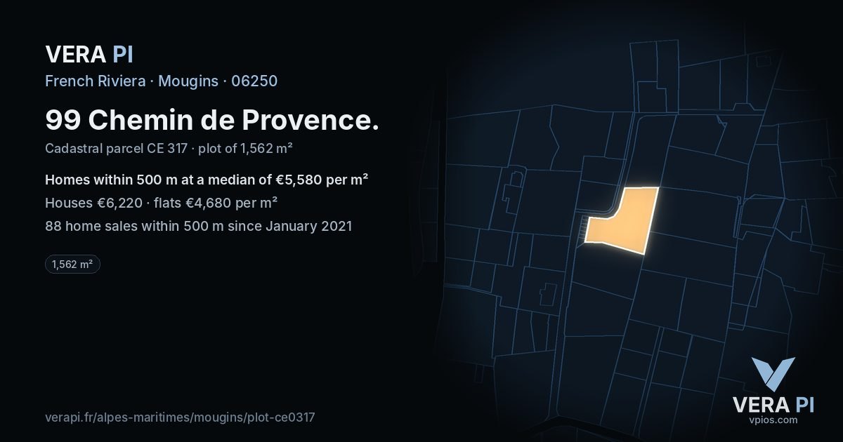 99 Chemin de Provence, Mougins at night – the plot lit, the parcels around coloured by the prices near them