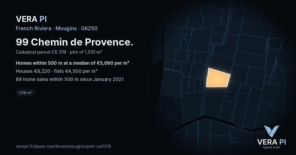 99 Chemin de Provence, Mougins at night – the plot lit, the parcels around coloured by the prices near them