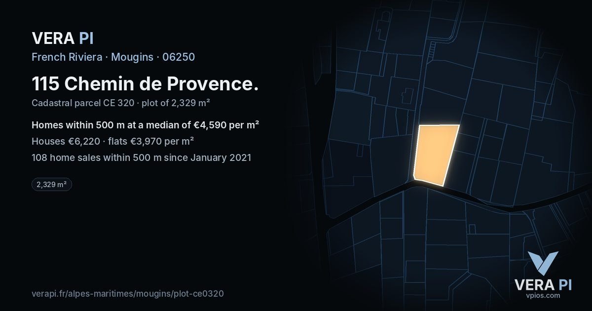 115 Chemin de Provence, Mougins at night – the plot lit, the parcels around coloured by the prices near them