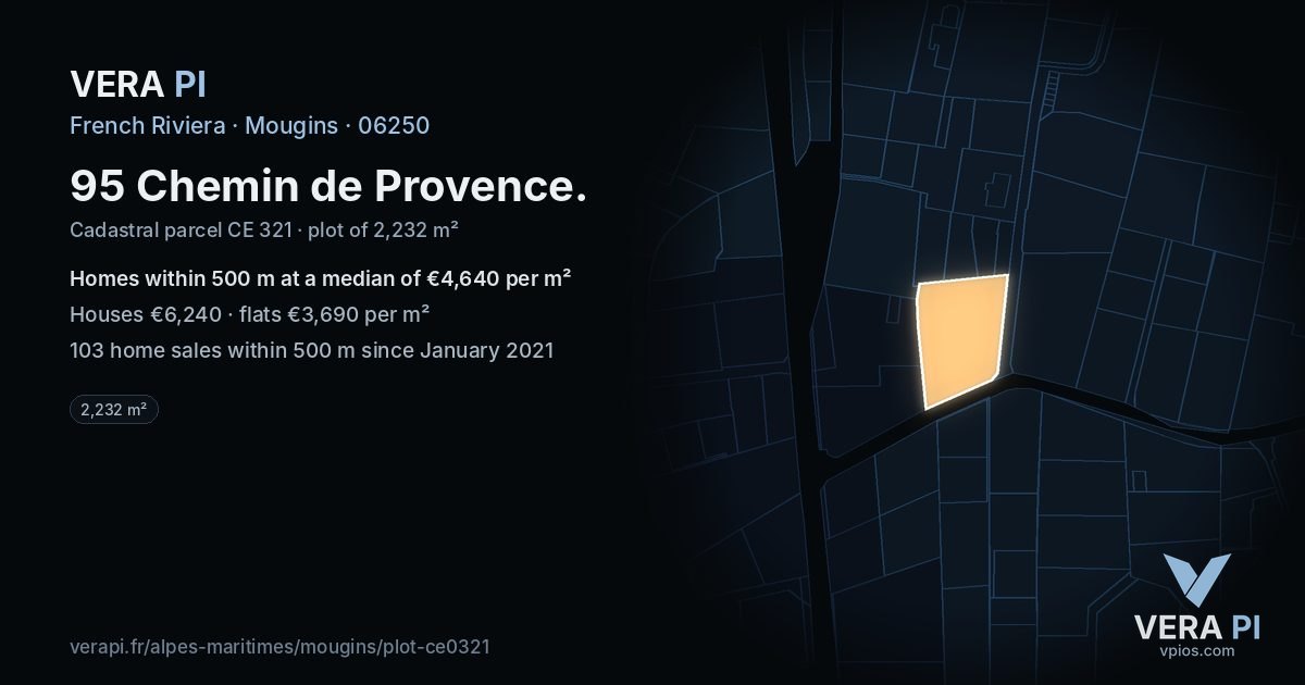 95 Chemin de Provence, Mougins at night – the plot lit, the parcels around coloured by the prices near them