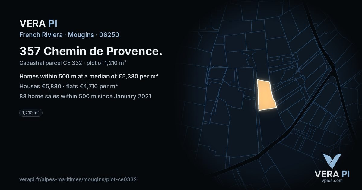 357 Chemin de Provence, Mougins at night – the plot lit, the parcels around coloured by the prices near them
