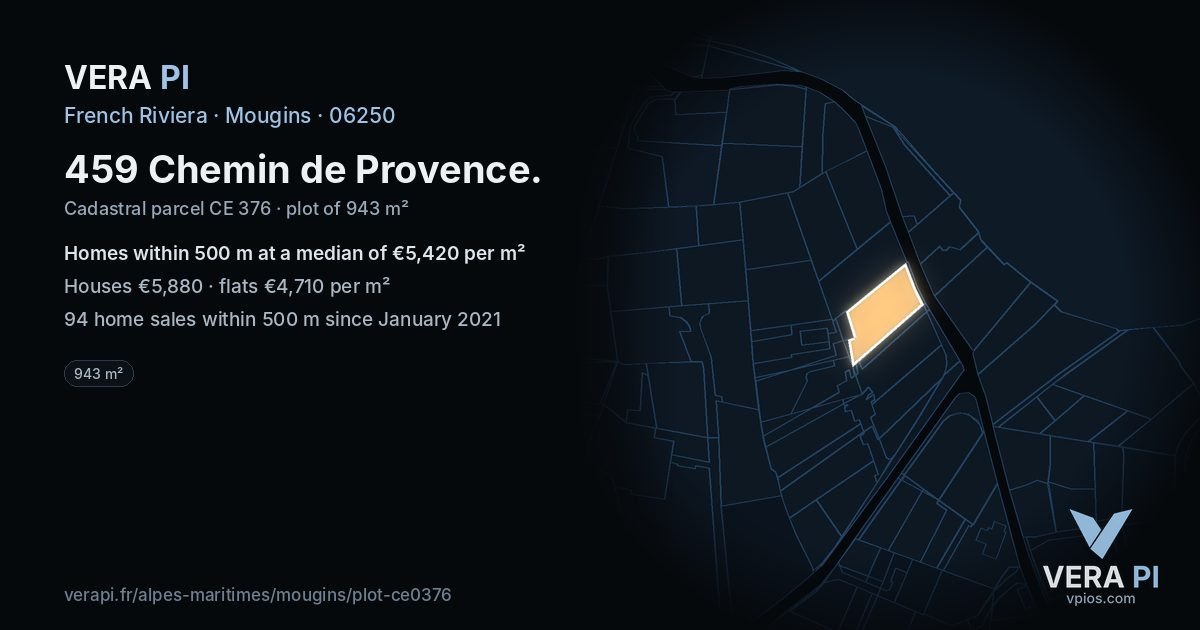 459 Chemin de Provence, Mougins at night – the plot lit, the parcels around coloured by the prices near them