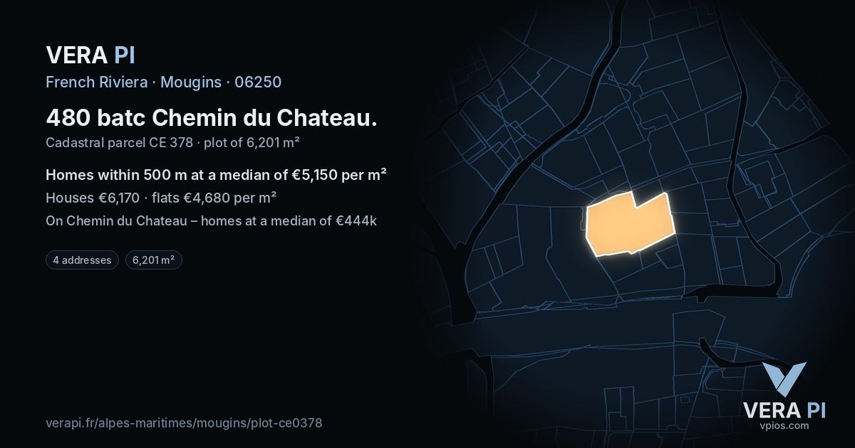 480 batc Chemin du Chateau, Mougins at night – the plot lit, the parcels around coloured by the prices near them
