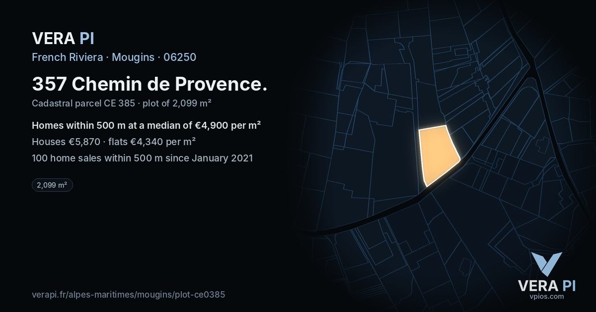 357 Chemin de Provence, Mougins at night – the plot lit, the parcels around coloured by the prices near them