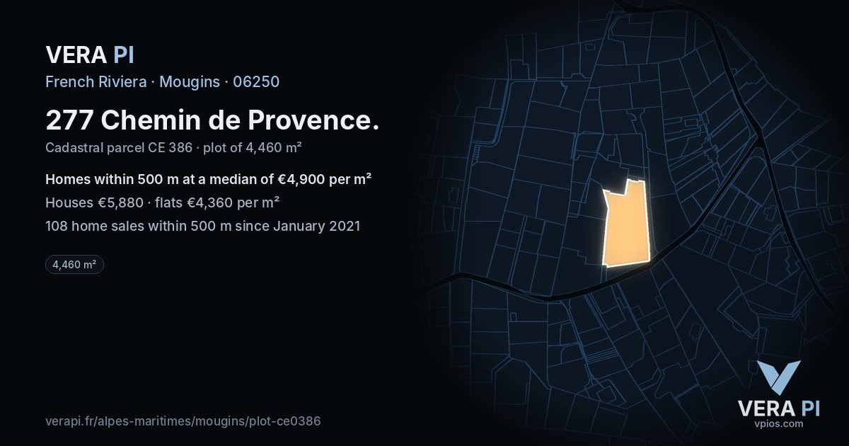277 Chemin de Provence, Mougins at night – the plot lit, the parcels around coloured by the prices near them