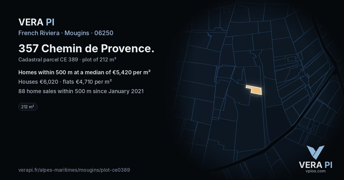 357 Chemin de Provence, Mougins at night – the plot lit, the parcels around coloured by the prices near them
