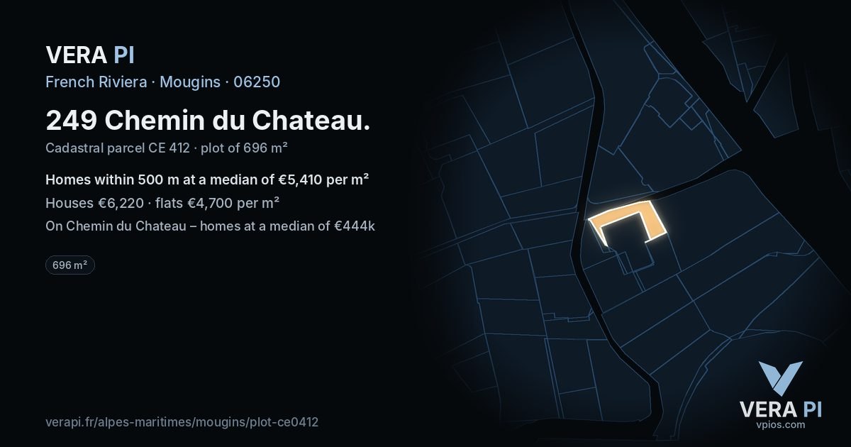 249 Chemin du Chateau, Mougins at night – the plot lit, the parcels around coloured by the prices near them
