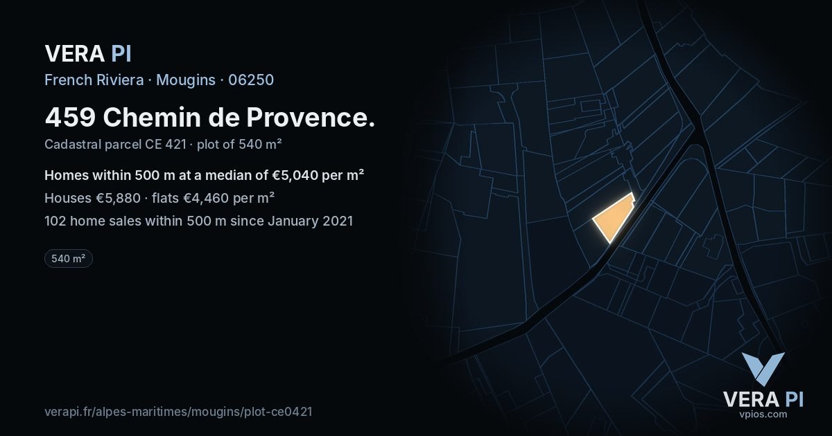 459 Chemin de Provence, Mougins at night – the plot lit, the parcels around coloured by the prices near them