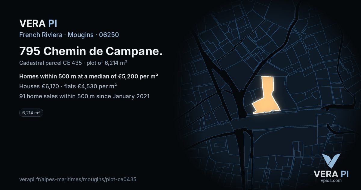 795 Chemin de Campane, Mougins at night – the plot lit, the parcels around coloured by the prices near them
