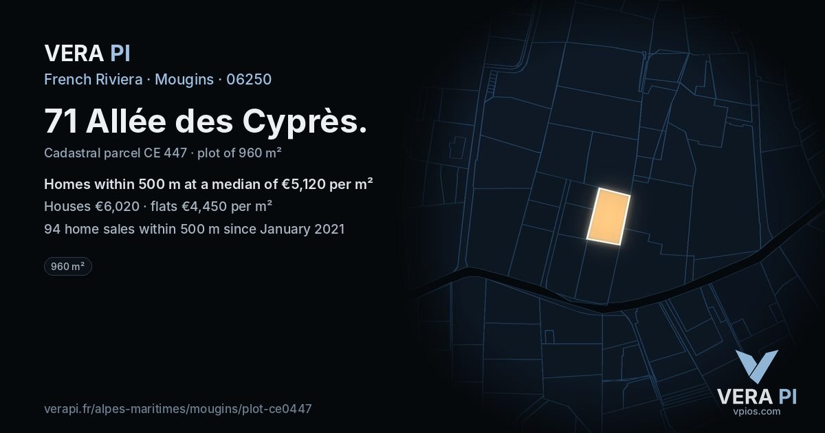 71 Allée des Cyprès, Mougins at night – the plot lit, the parcels around coloured by the prices near them