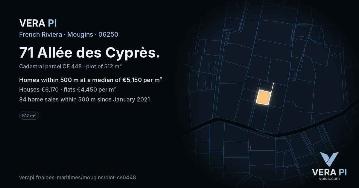 71 Allée des Cyprès, Mougins at night – the plot lit, the parcels around coloured by the prices near them