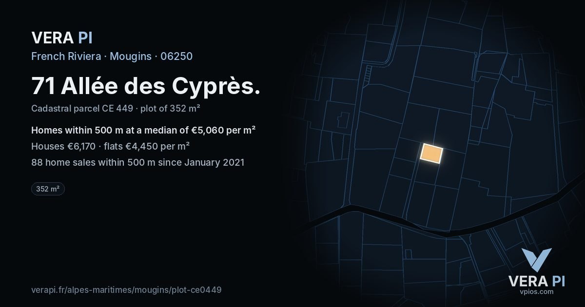 71 Allée des Cyprès, Mougins at night – the plot lit, the parcels around coloured by the prices near them