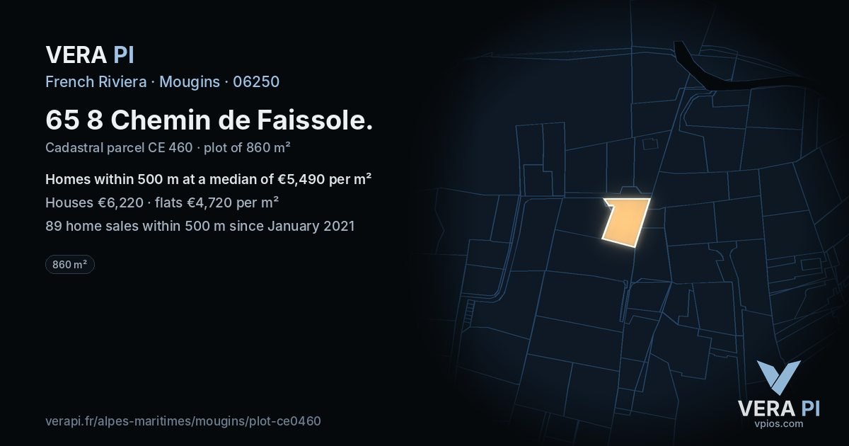 65 8 Chemin de Faissole, Mougins at night – the plot lit, the parcels around coloured by the prices near them