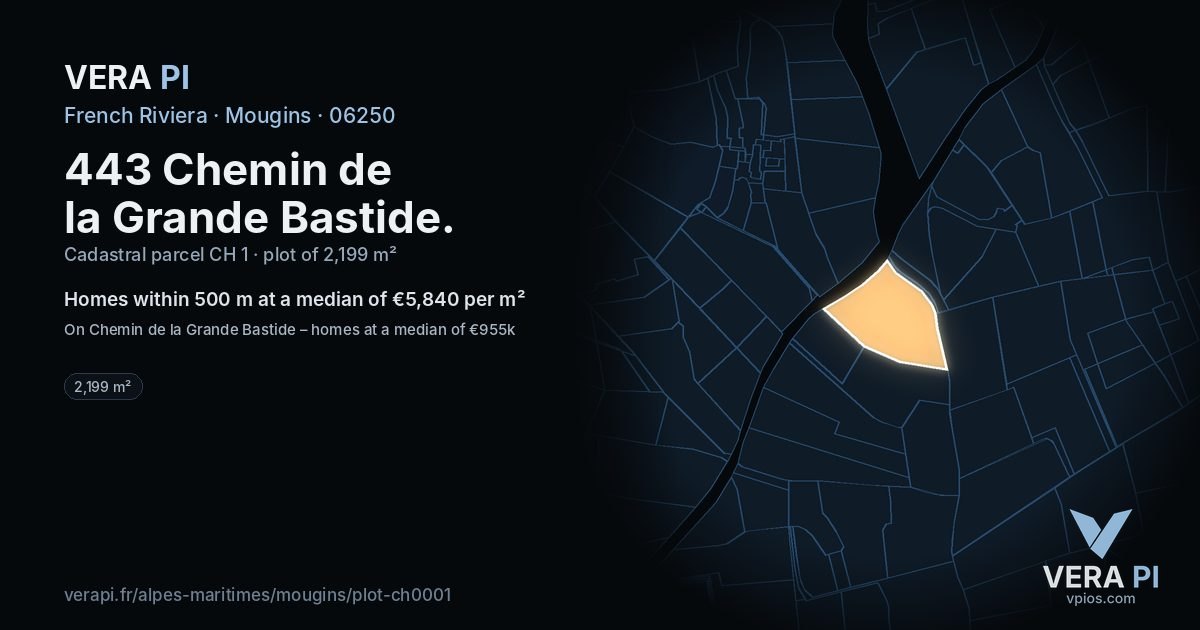 443 Chemin de la Grande Bastide, Mougins at night – the plot lit, the parcels around coloured by the prices near them