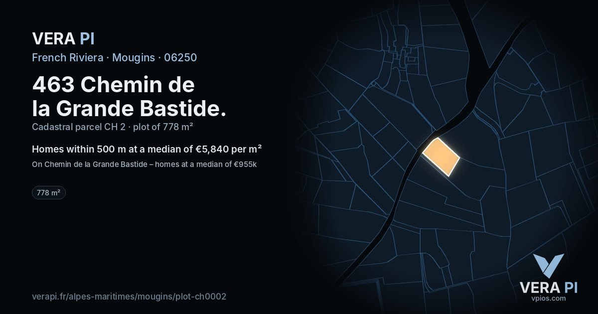 463 Chemin de la Grande Bastide, Mougins at night – the plot lit, the parcels around coloured by the prices near them