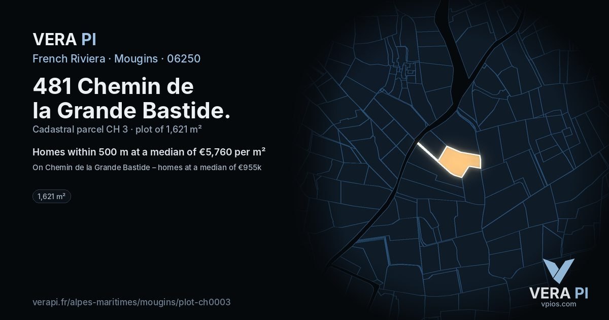 481 Chemin de la Grande Bastide, Mougins at night – the plot lit, the parcels around coloured by the prices near them