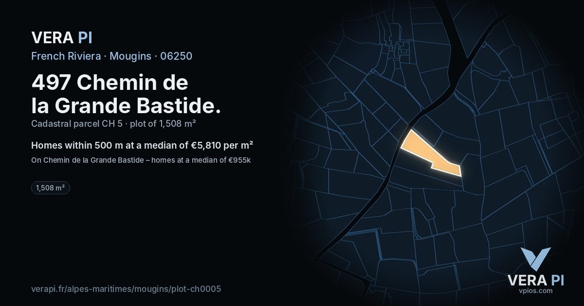 497 Chemin de la Grande Bastide, Mougins at night – the plot lit, the parcels around coloured by the prices near them