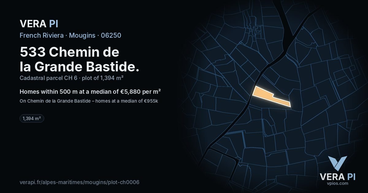 533 Chemin de la Grande Bastide, Mougins at night – the plot lit, the parcels around coloured by the prices near them