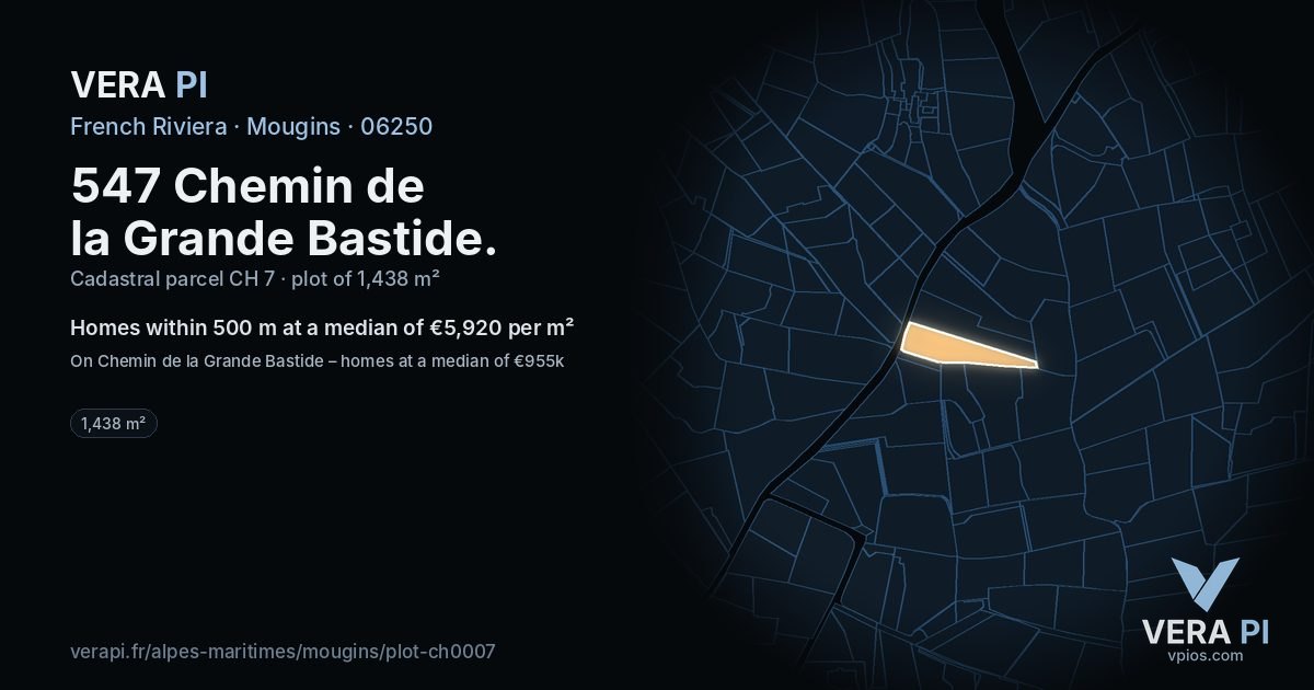547 Chemin de la Grande Bastide, Mougins at night – the plot lit, the parcels around coloured by the prices near them