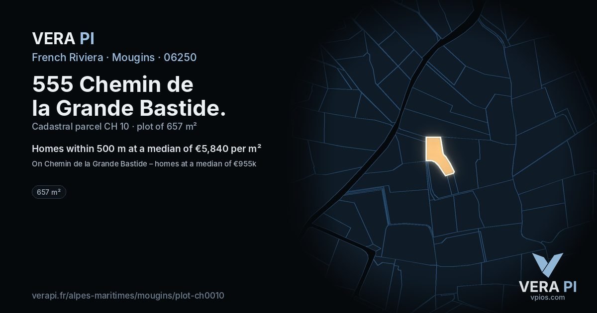 555 Chemin de la Grande Bastide, Mougins at night – the plot lit, the parcels around coloured by the prices near them